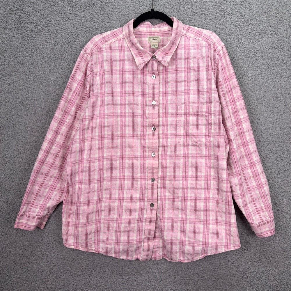 LL Bean Top Womens 3X Pink White Plaid Flannel Shirt Long Sleeve Cotton Country - Picture 1 of 8